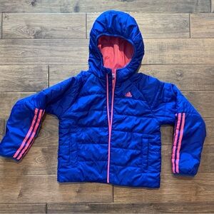 Adidas Girls Hooded Puffer Jacket | Size Large 14 | Royal Blue & Hot Pink